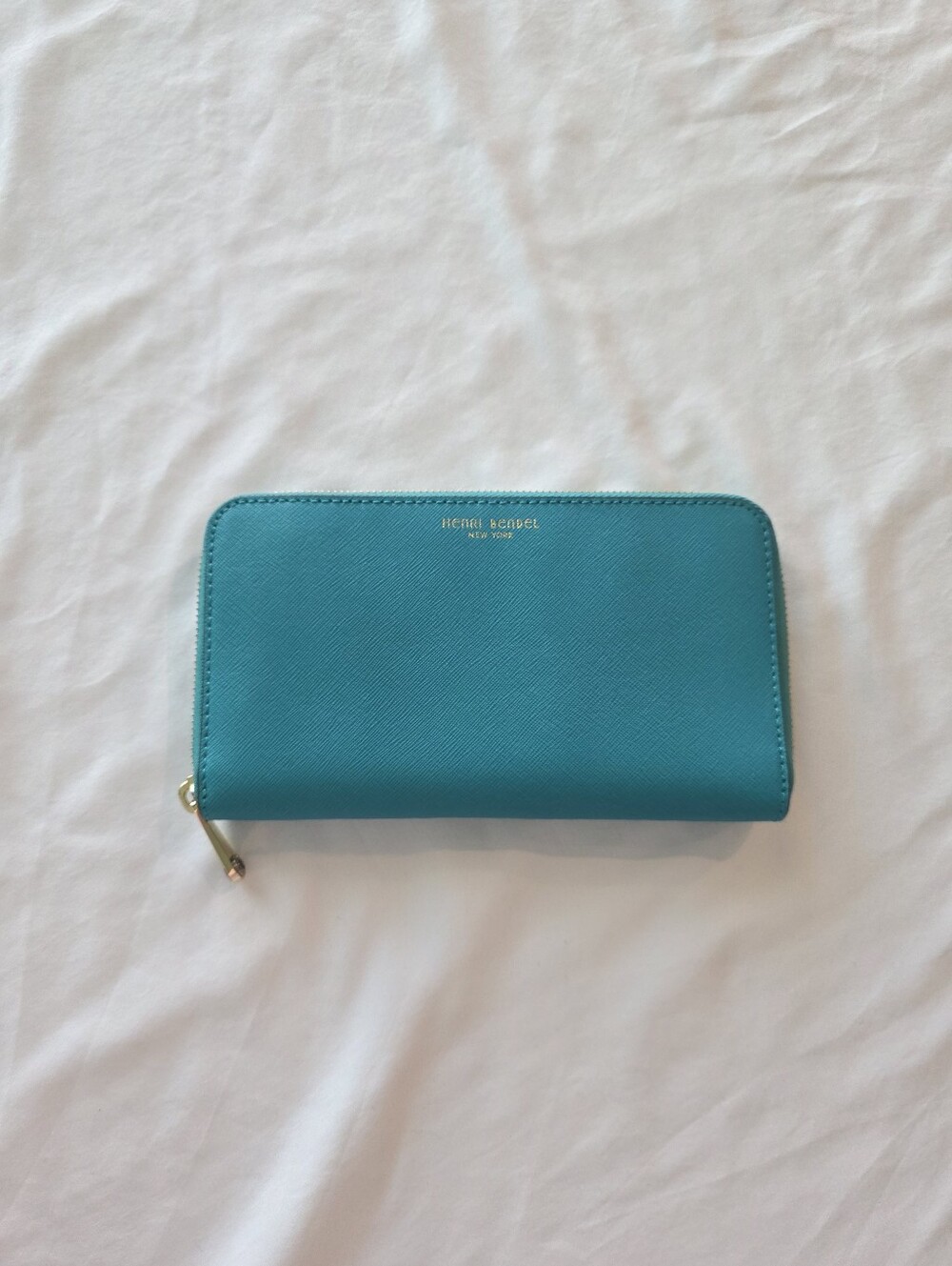 Henri Bendel Blue Saffiano Leather Zip Around Wallet
